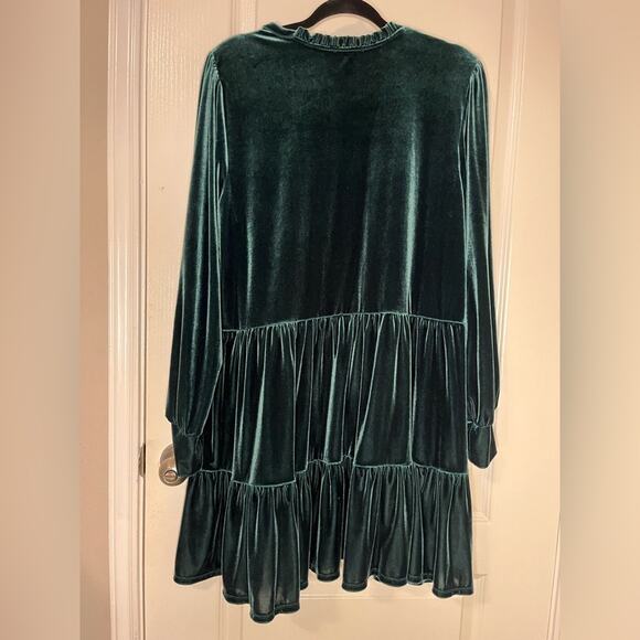 1.STATE Deep Green Velour Velvet Long Sleeve Ruffle Babydoll Dress w/ V-neck XL - Picture 7 of 11
